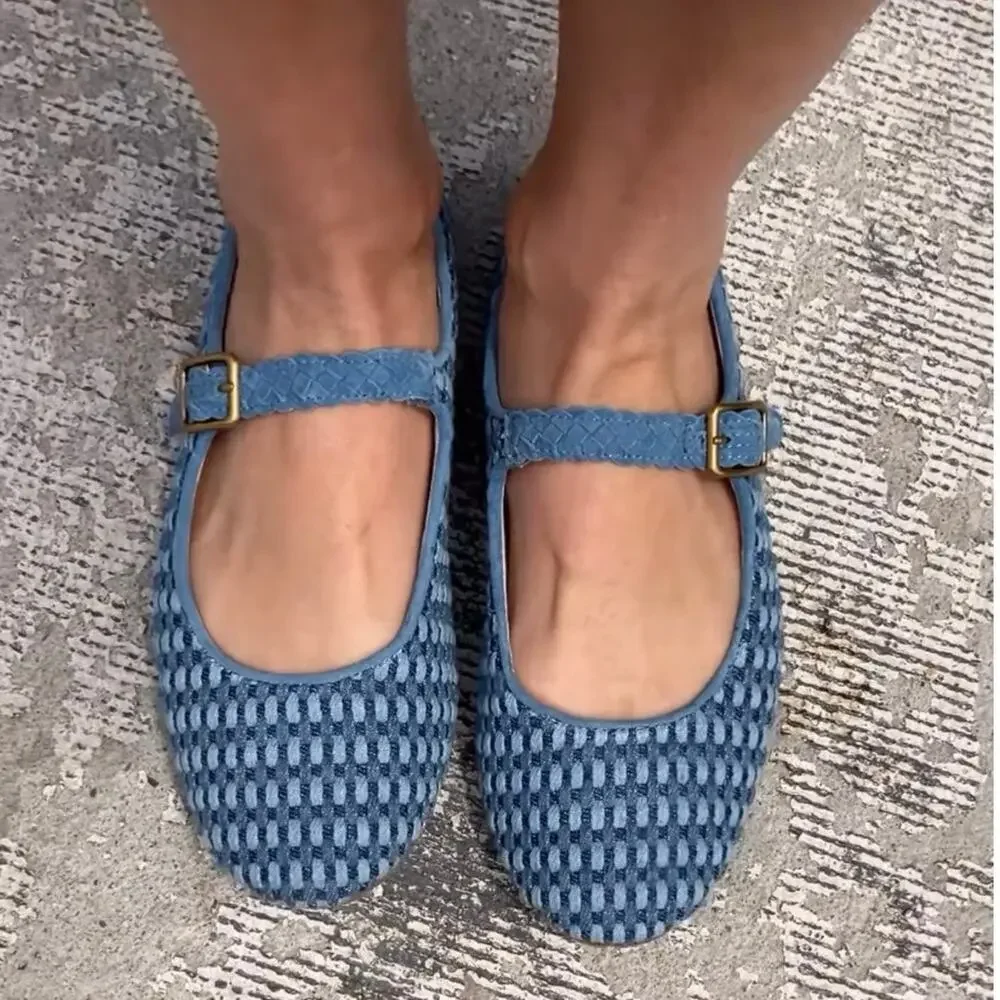 Charlotte Stone Raleigh Woven Mary Jane Ballet Flats Denim Blue Size 9